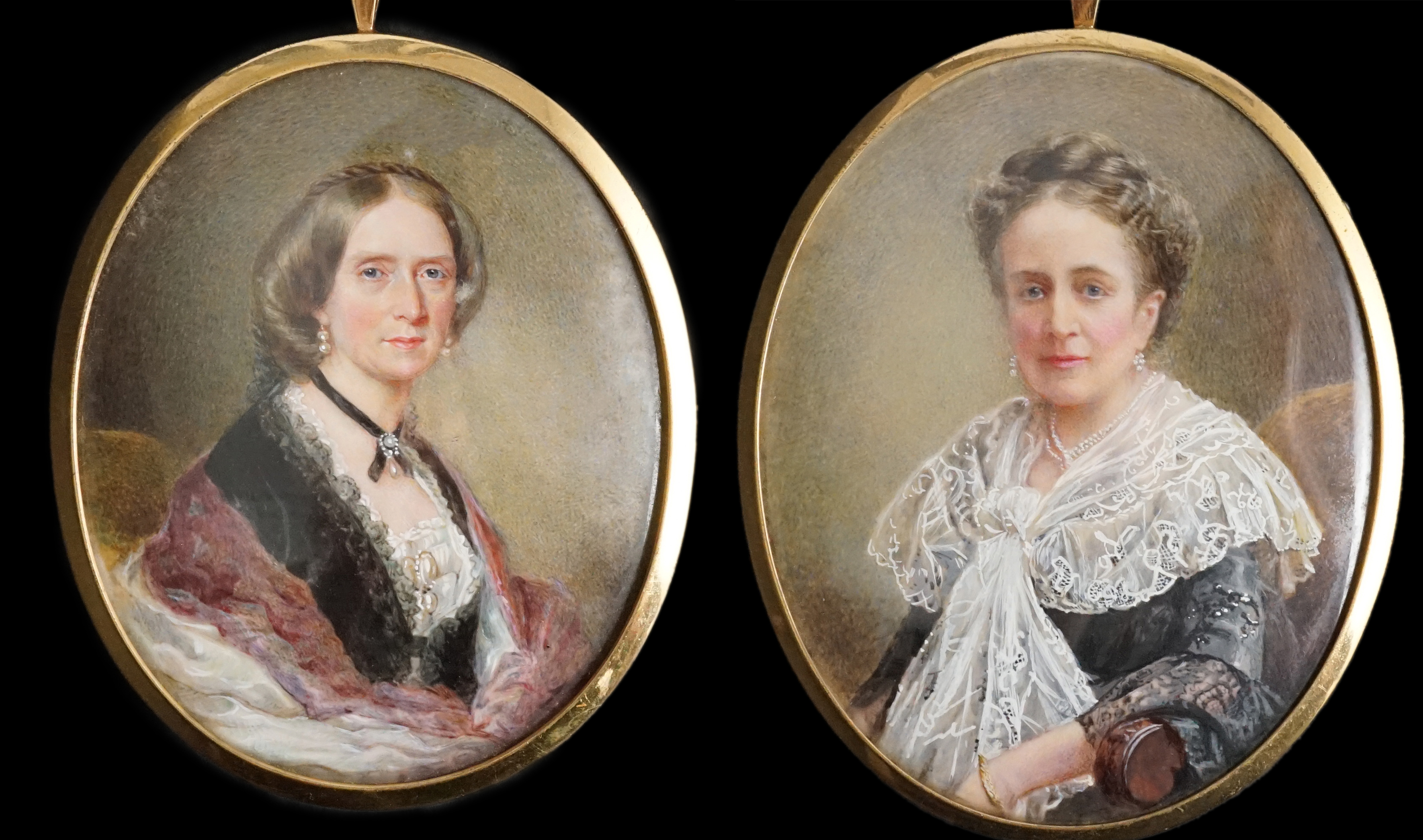 English School circa 1890 , Portrait miniatures of Lady Catherine Maria Arbuthnott and her daughter Josette Eliza Jane (Arbuthnot) Wollaston, watercolour on ivory, 8.5 x 7cm. CITES Submission reference K8681T3D